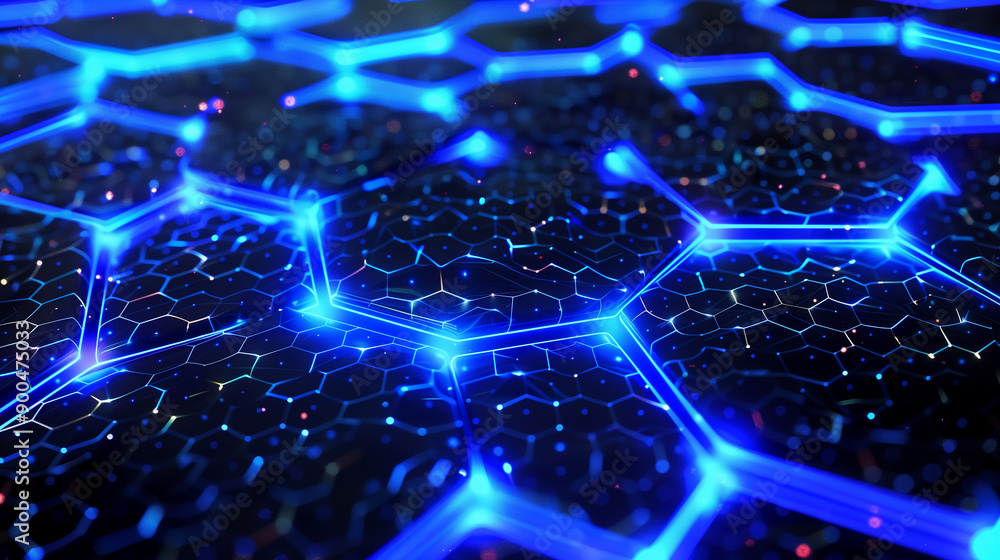 Poster a blue and white hexagonal pattern with a blue background. the pattern is made up of small squares a