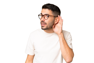 Young handsome caucasian man over isolated chroma key background listening to something by putting hand on the ear