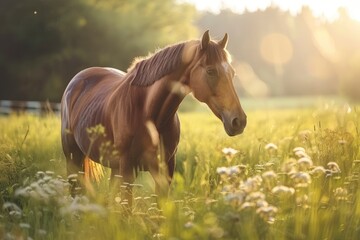 Beautiful horse on a green meadow, ai
