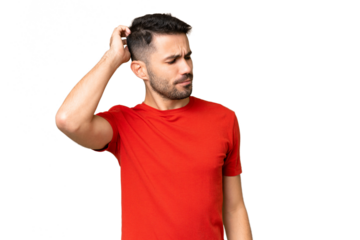 Young handsome caucasian man over isolated chroma key background having doubts while scratching head