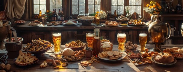 Rustic table set with Bavarian snacks, beer steins, and decorative items.