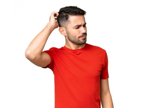 Young handsome caucasian man over isolated chroma key background having doubts while scratching head