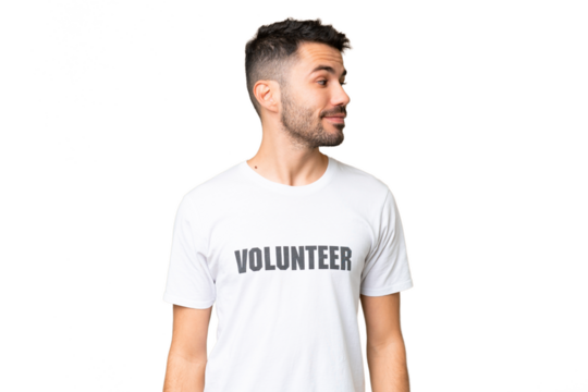 Young volunteer caucasian man over isolated chroma key background looking to the side