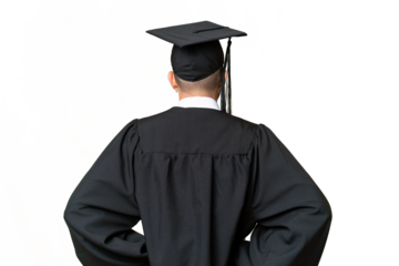Young university graduate man over isolated chroma key background in back position
