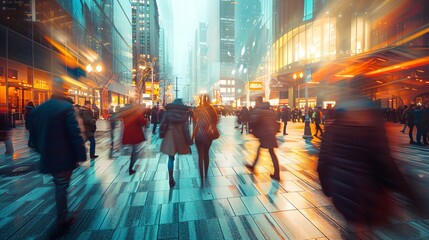 Motion blur of people crossing a busy city street with skyscrapers in the background.
