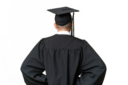 Young university graduate man over isolated chroma key background in back position