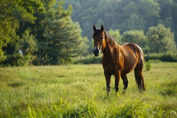 Fototapeta premium Beautiful horse on a green meadow, ai
