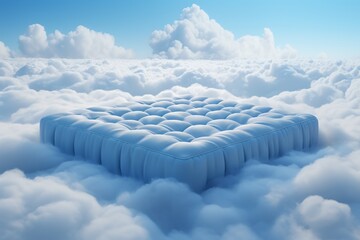 Obraz premium A comfortable blue mattress floating in the clouds. Product presentation. Generated Ai