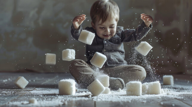 Little Child Playing with Sugar Cubes in Snowy Sugar Setting. Sugar and Sweet Addiction in children. Generative ai.