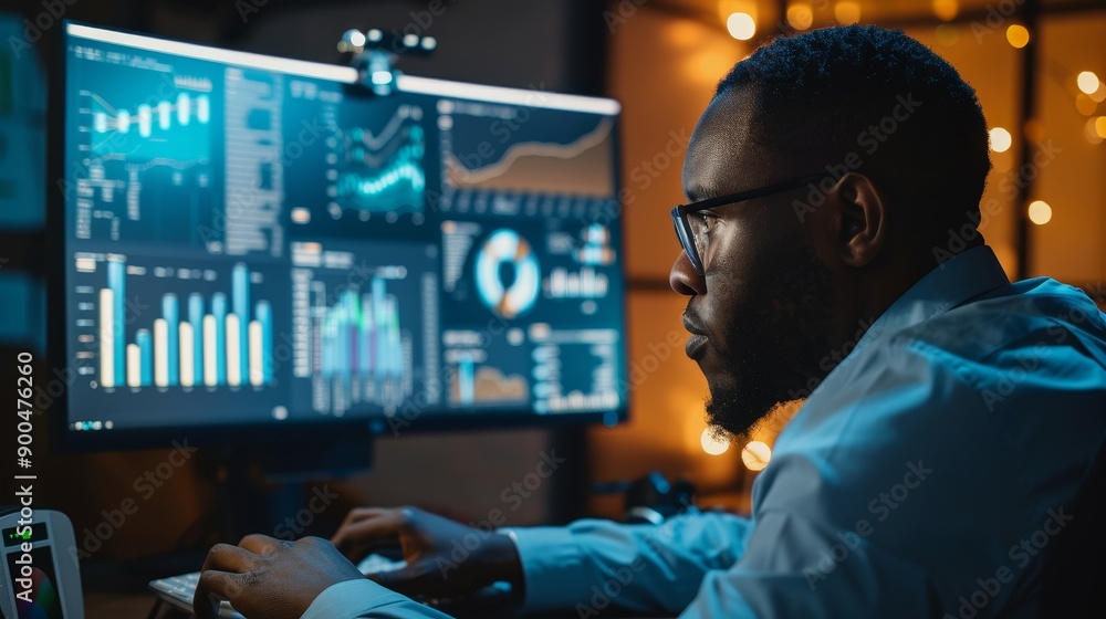 Leinwandbilder An African American software engineer views charts displayed in a monitoring room with a big data server and blockchain network. The concept of cyber security can be seen on his computer screen.