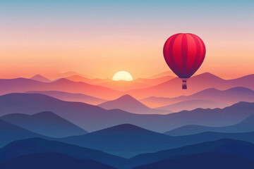 Fototapeta premium Hot Air Balloon Soaring Above Misty Mountains at Sunset