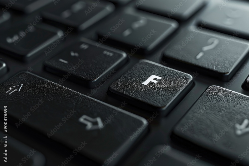Poster a detailed shot of a computer keyboard with the 'f' key highlighted, useful for illustration purpose