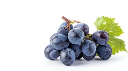 A bunch of ripe juicy black grapes with green leaves isolated on white background.