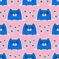 Seamless pattern with a blue cat with a love letter in his mouth on a background of stars and hearts. Stylized cartoon drawing of a cute cat face on a pink background.Vector illustration in flat style