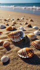 Seashells spread across beach sand, charming and natural seaside imagery. High contrast