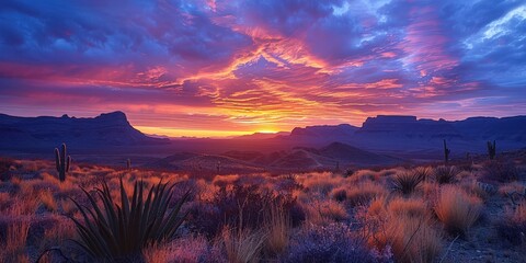 Naklejka premium Majestic Desert Sunset: Dramatic Skies and Arid Landscape