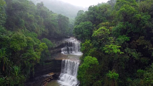 Beautiful aerial view of wei sawdong falls in megahalaya cherrapunji. The best tourist attraction in cherrapunji  meghalaya in India.