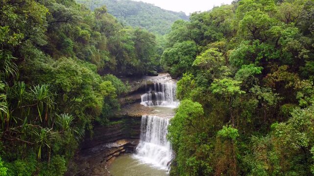 Beautiful aerial view of wei sawdong falls in megahalaya cherrapunji. The best tourist attraction in cherrapunji  meghalaya in India.