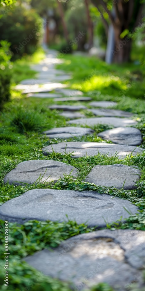 Poster a path with stones and grass in a park. the path is long and winding, and the grass is lush and gree
