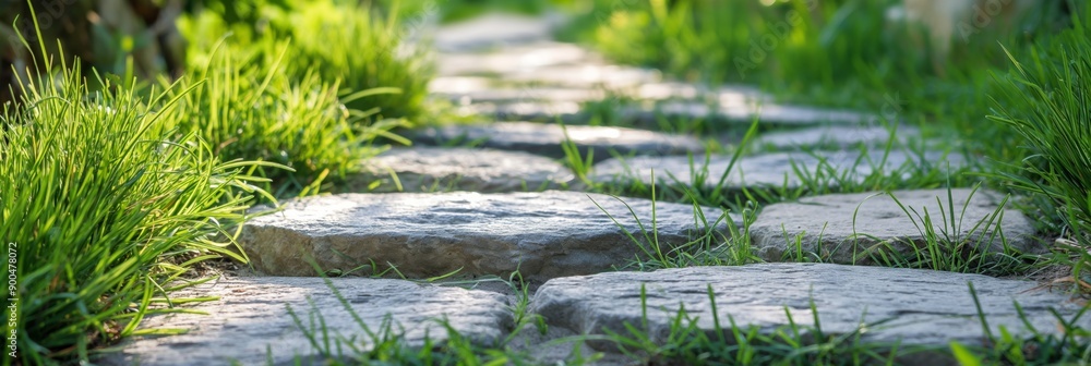 Poster a stone path with grass in between. the grass is green and the stones are gray. the path is surround