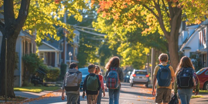 A group of children walking down a street with backpacks. Scene is lighthearted and playful, as the children are enjoying their walk and each other's company