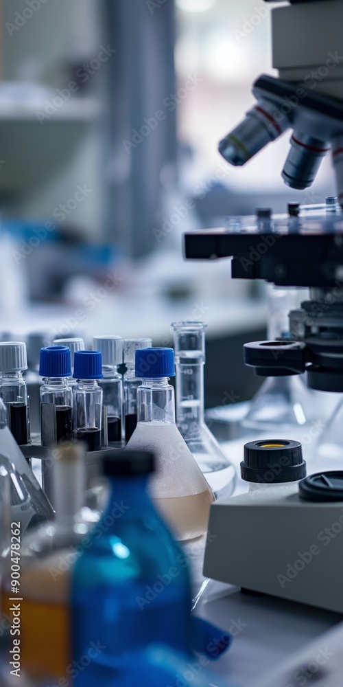Poster a lab bench with many bottles and beakers on it