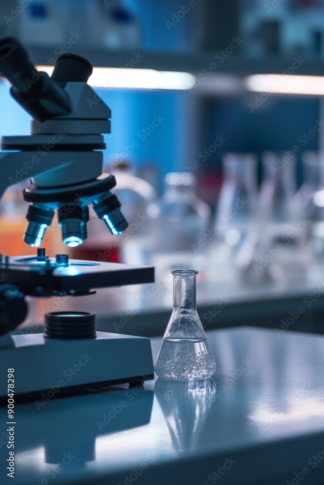 Poster a microscope is on a table with a beaker of water next to it. the scene is set in a laboratory, and 