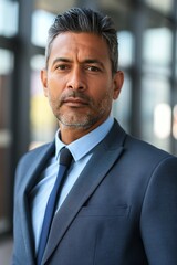 Naklejka premium A man in a suit and tie poses for a photo. He looks serious and focused. Concept of professionalism and formality