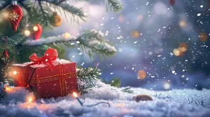 Snowy Tree and Wrapped Christmas Gifts Below