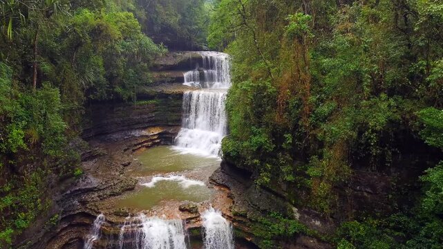 Beautiful aerial view of wei sawdong falls in megahalaya cherrapunji. The best tourist attraction in cherrapunji  meghalaya in India.