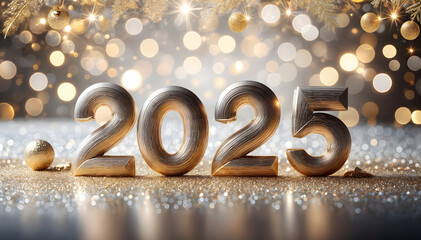 Golden 2025 New Year celebration with bokeh lights