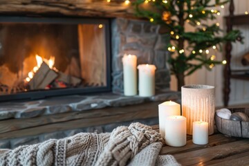 Cozy winter fireplace scene with candles and knit blanket. Hygge concept.