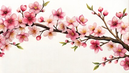 Obraz premium A Watercolor Painting of a Pink Cherry Blossom Tree Branch on a White Background with Copy Space. Delicate and Elegant Design Perfect for Spring and Nature Themes