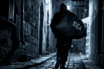 A thief carrying a sack written with "Idea", representing an action of intellectual property violation or plagiarism.