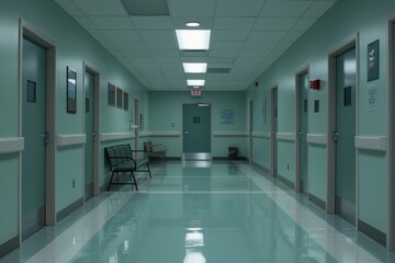 Obraz premium Empty hospital hallway with clean lines and bright lighting symbolizing healthcare and modern medical facilities