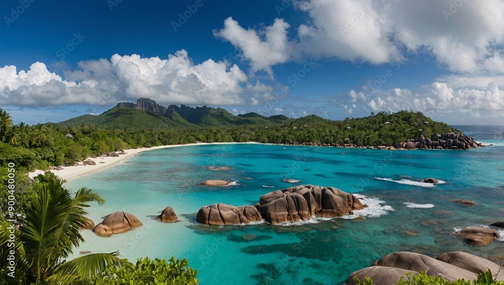 Wall mural Seychelles coastal panorama with beach