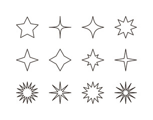 A set of light, star, shine, bright, spark, illuminated line icon illustrations with twinkle effect.