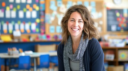 A teacher smiles warmly while interacting with students in a colorful classroom
