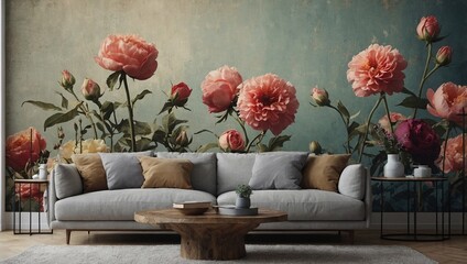 Shabby wall photo wallpaper with hanging large flower buds art from top to bottom