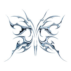 3d chrome metal effect neo tribal y2k gothic style tattoo. Cyber sigilism butterfly design icon.