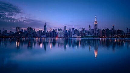 Obraz premium Panorama of the skyline of Manhattan, view from Jersey city during the blue hour. New York City skyline with the Empire State building at night with water reflections.