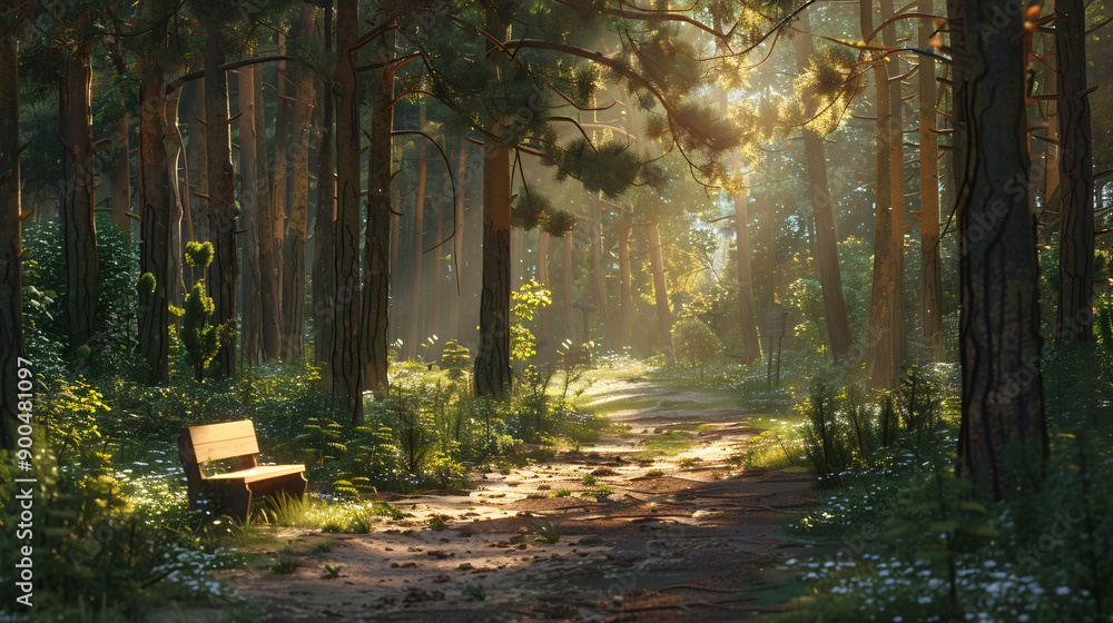 Poster sunlight shining through trees on a path leading to a bench in a lush green forest