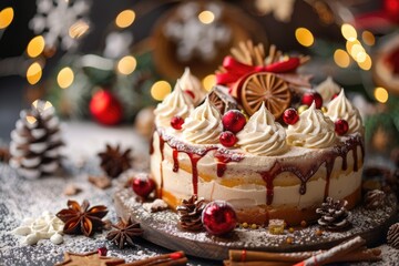 Festive Christmas Cake with Cherries and Chocolate Drizzle on Decorative Stand