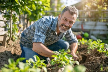 Fototapeta premium Happy mature man tending to vegetable plants in backyard garden on sunny day