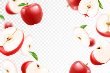 Flying red juicy apples. Bright advertising background falling red apples, realistic with blurred effect. 3d vector illustration