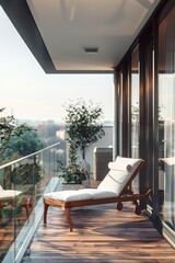 A person relaxing on a chaise lounger on a balcony with a view of the city