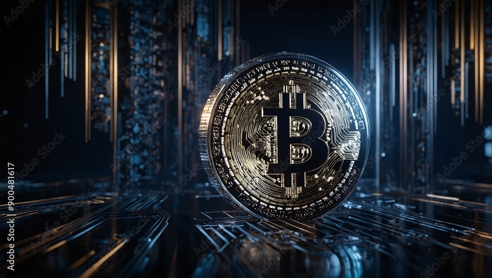 Poster shiny nft and blockchain elements with crypto datastream flow, metaverse wallpaper. high contrast