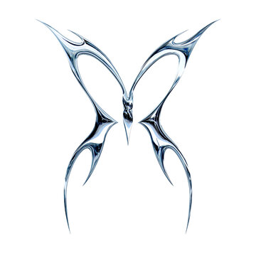 3d chrome metal effect neo tribal y2k gothic style tattoo. Cyber sigilism butterfly design icon.