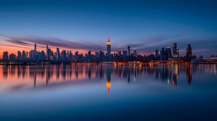Naklejka premium Panorama of the skyline of Manhattan, view from Jersey city during the blue hour. New York City skyline with the Empire State building at night with water reflections.