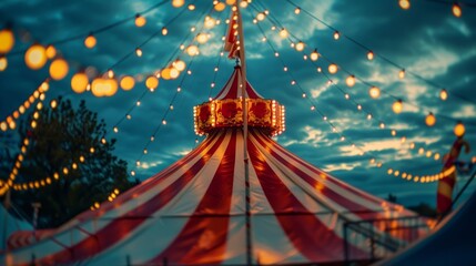 A festive circus tent with red and white stripes, adorned with yellow lights, stands in a forest clearing. A bright yellow light atop creates an enchanting ambiance under a blue hour sky.
